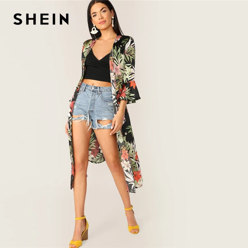 

SHEIN Multicolor Waist Knot Bell Sleeve Belted Tropical Print Kimono Women Spring Three Quarter Length Sleeve Streetwear Kimono