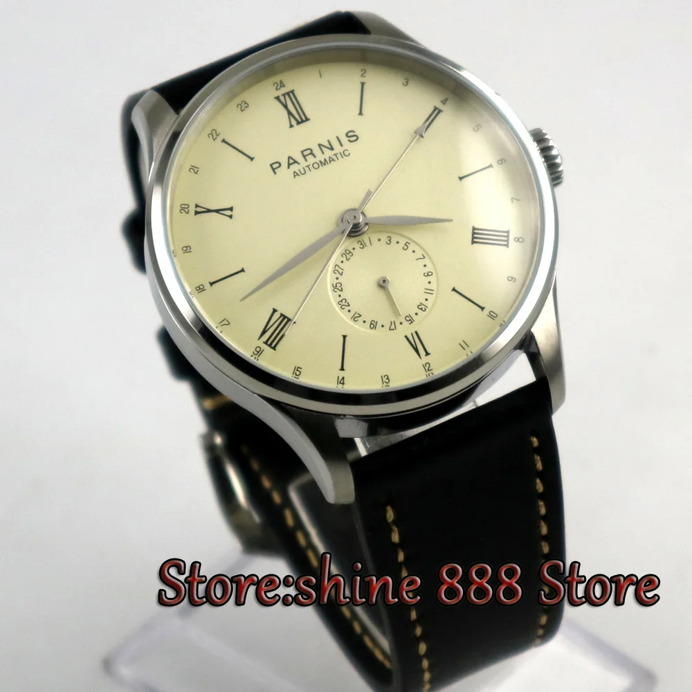 42mm Parnis off-white Light Yellow Dial 24 Hours Roman Numerals Sea gull Automatic Movement Men Watch P9
42mm Parnis off-white Light Yellow Dial 24 Hours Roman Numerals Sea gull Automatic Movement Men Watch P9