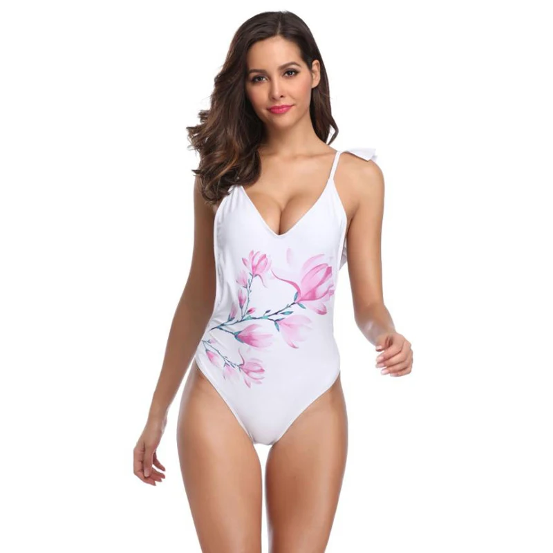 

A&J Floral Print Ruffle Shoulder One Piece Swimsuit Women Swimwear Flamingo SJ 1944