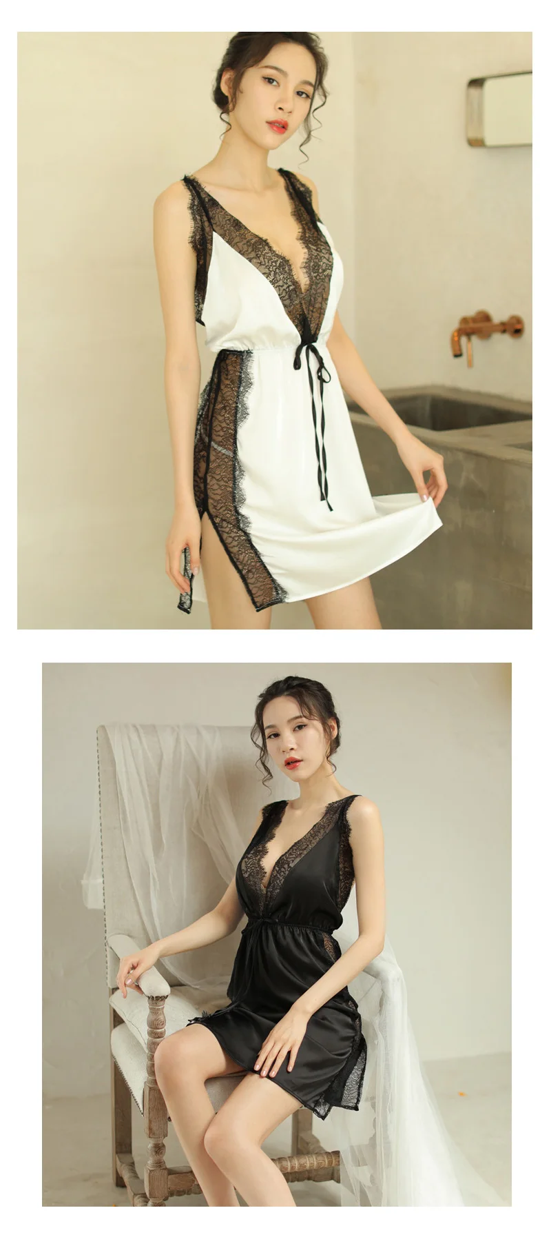 Summer Women Sexy Lace Night Dress Sleepwear Lingerie Women Sexy Satin Nightwear Sleeveless Nightgown Night Gown Sleep Wear Nightdress (8)