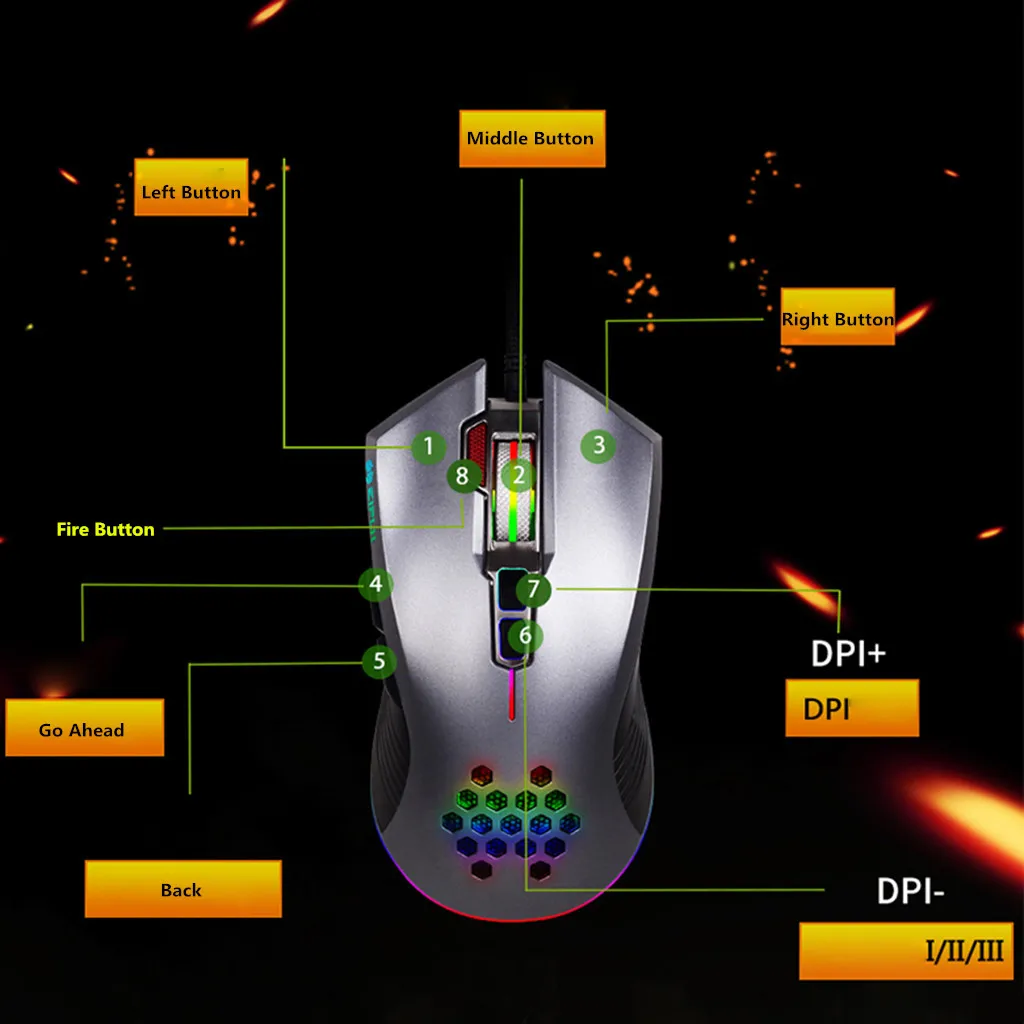 Gaming Mouse USB Wired 4800DPI 8 Buttons RGB LED Backlight for PC Set the mouse with 4800 DPI and accurately control speed
Gaming Mouse USB Wired 4800DPI 8 Buttons RGB LED Backlight for PC Set the mouse with 4800 DPI and accurately control speed