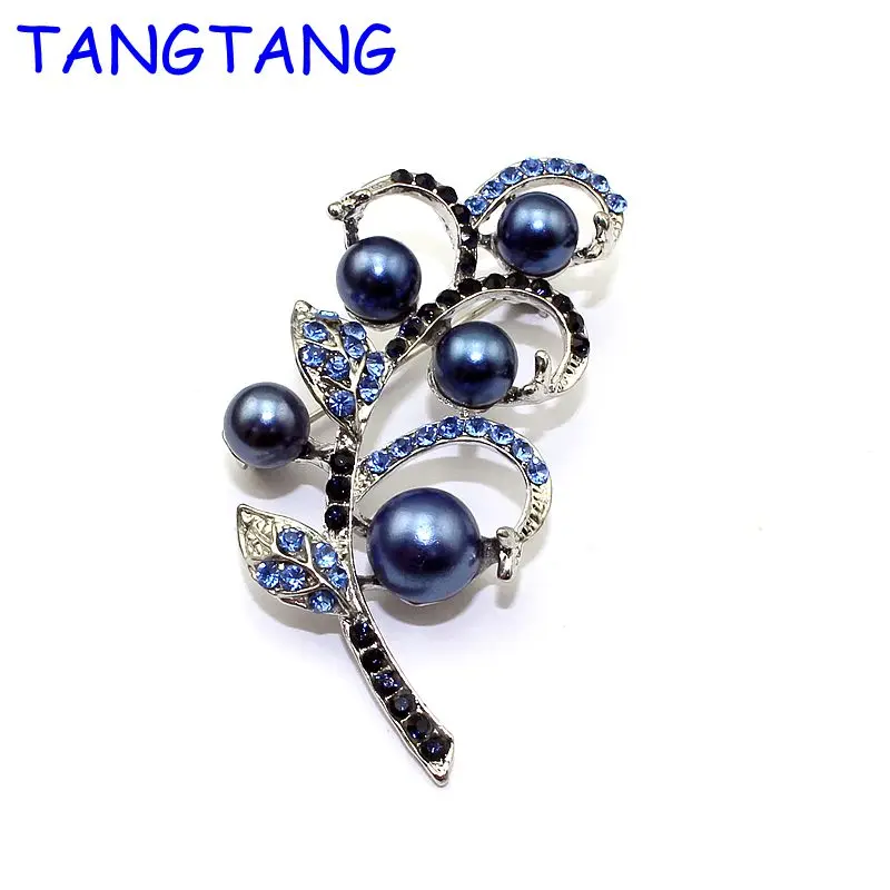 

New Fashion Trendy Blue Simulated Pearl Handmade Rhinestone Leaf Pin Brooch Vintage Style Jewelry, Item NO.: BH7973