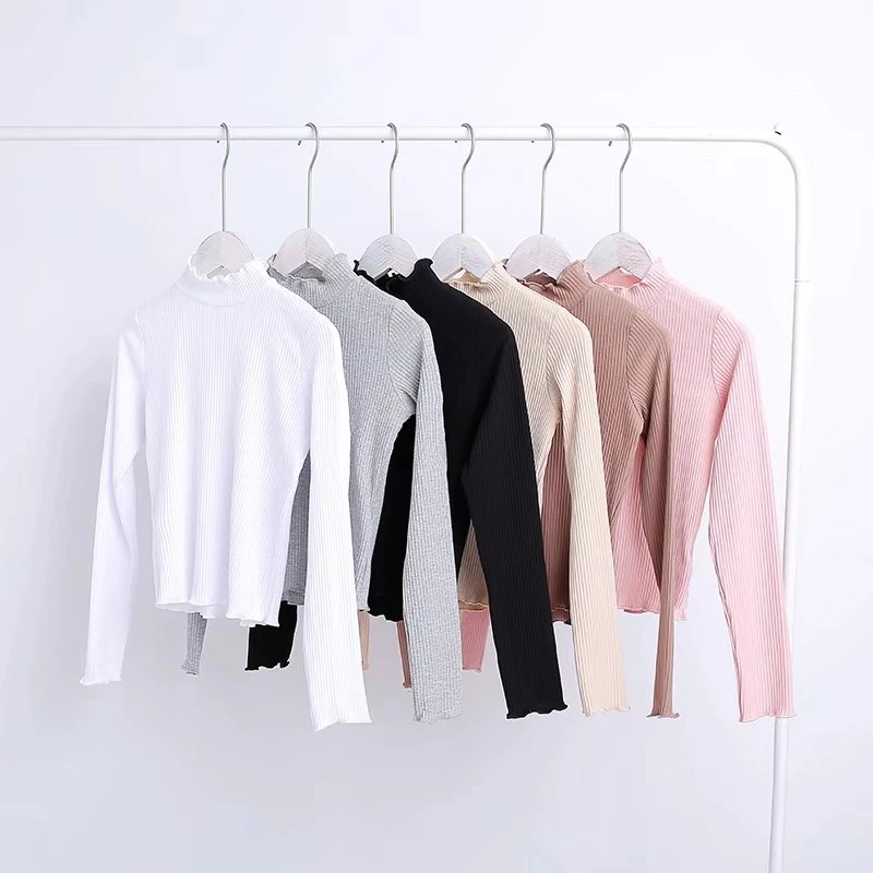 

Stand Collar Tops Long Sleeve crop t-shirts Women Rib Knit Lettuce Edge Crop Bardot Top Woman Sexy slim short T shirt Top