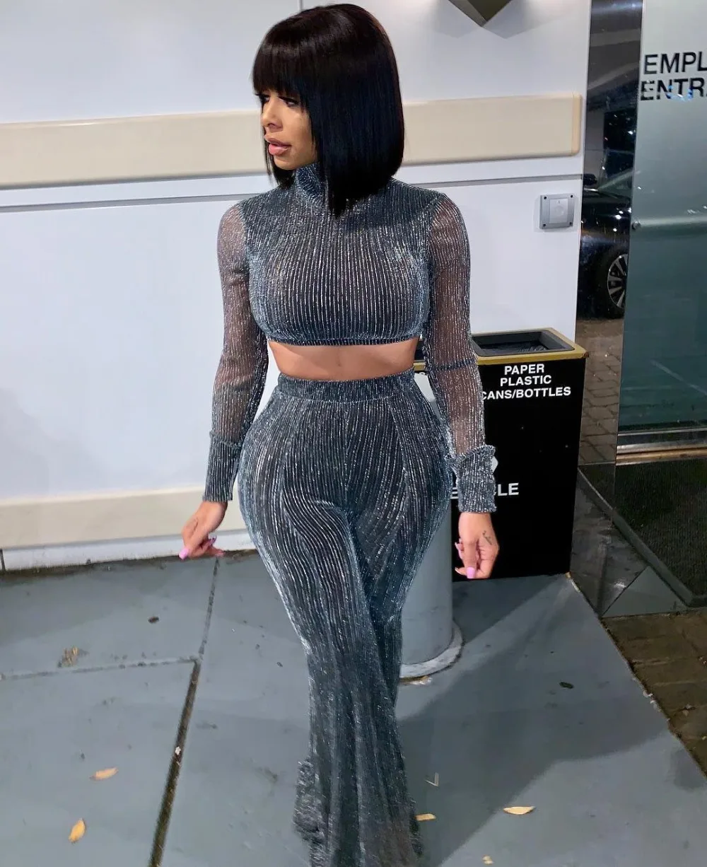 Sexy Sliver Silk Mesh Women 2 Piece Set Turtleneck Long Sleeve Crop Top And Wide Leg Pants Slim Night Party Suit Female
Sexy Sliver Silk Mesh Women 2 Piece Set Turtleneck Long Sleeve Crop Top And Wide Leg Pants Slim Night Party Suit Female