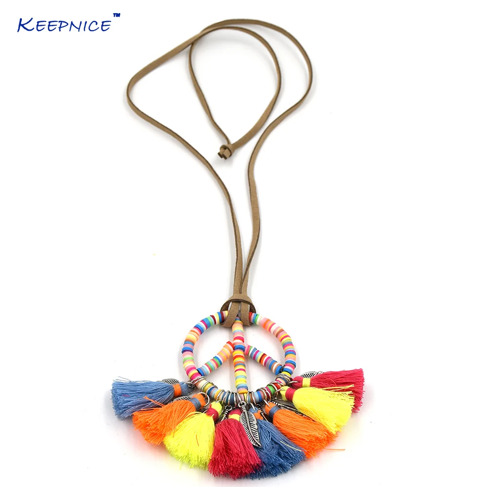 

2017 New handmade rainbow colorful tassel peace symbols pendents necklace boho Bohemia statement Maxi Necklaces for sea beach
