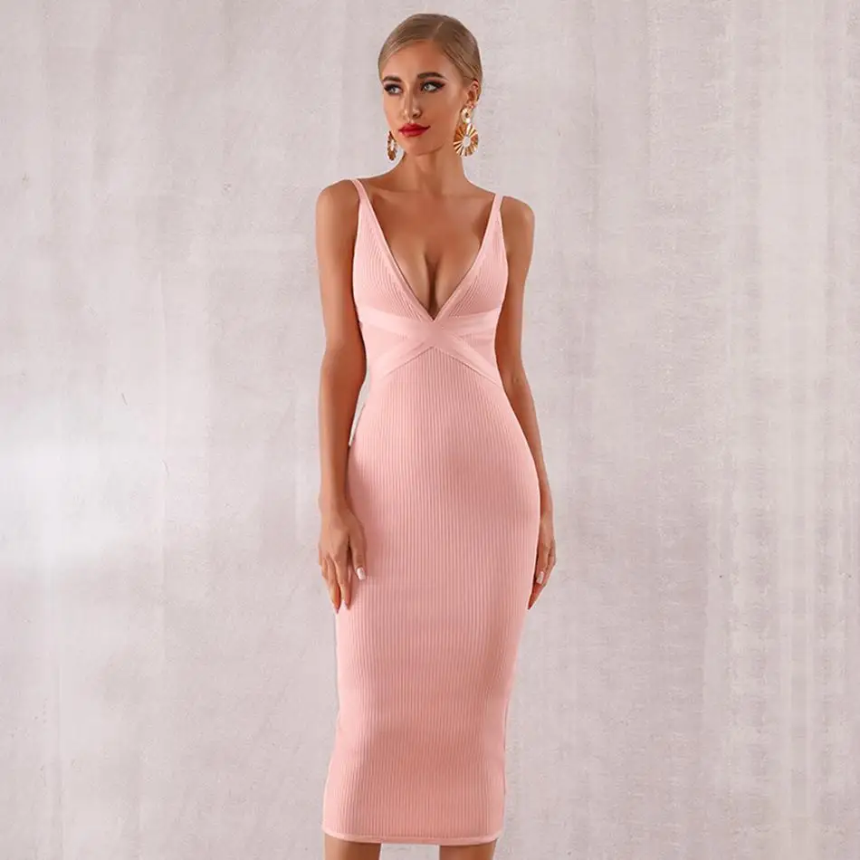 2019 Newest Fashion Celebrity Party Bodycon Bandage Dress Women Spaghetti Strap Deep V-Neck Sexy NightClub Vestidos | Женская одежда
