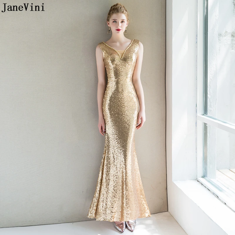 JaneVini Elegant Sparkly Sequined Gold Long Bridesmaid Dresses V Neck Beaded Zipper Back Mermaid Ankle Length Formal Prom Gowns
JaneVini Elegant Sparkly Sequined Gold Long Bridesmaid Dresses V Neck Beaded Zipper Back Mermaid Ankle Length Formal Prom Gowns