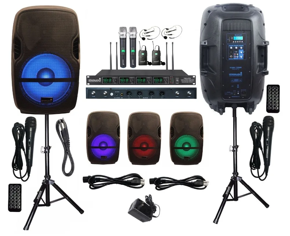 STARAUDIO Pair 2000W 15 Inch Powered Stage PA Speakers KTV DJ Spekaer Stands 4 Channel Wireless UHF Microphone System SCSM-15RGB
STARAUDIO Pair 2000W 15 Inch Powered Stage PA Speakers KTV DJ Spekaer Stands 4 Channel Wireless UHF Microphone System SCSM-15RGB