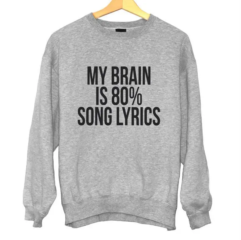 Женская толстовка с надписью My brain is 80% song, джемпер из хлопка, повседневные худи для девушек, хипстерский серый BZ-81
Женская толстовка с надписью My brain is 80% song, джемпер из хлопка, повседневные худи для девушек, хипстерский серый BZ-81