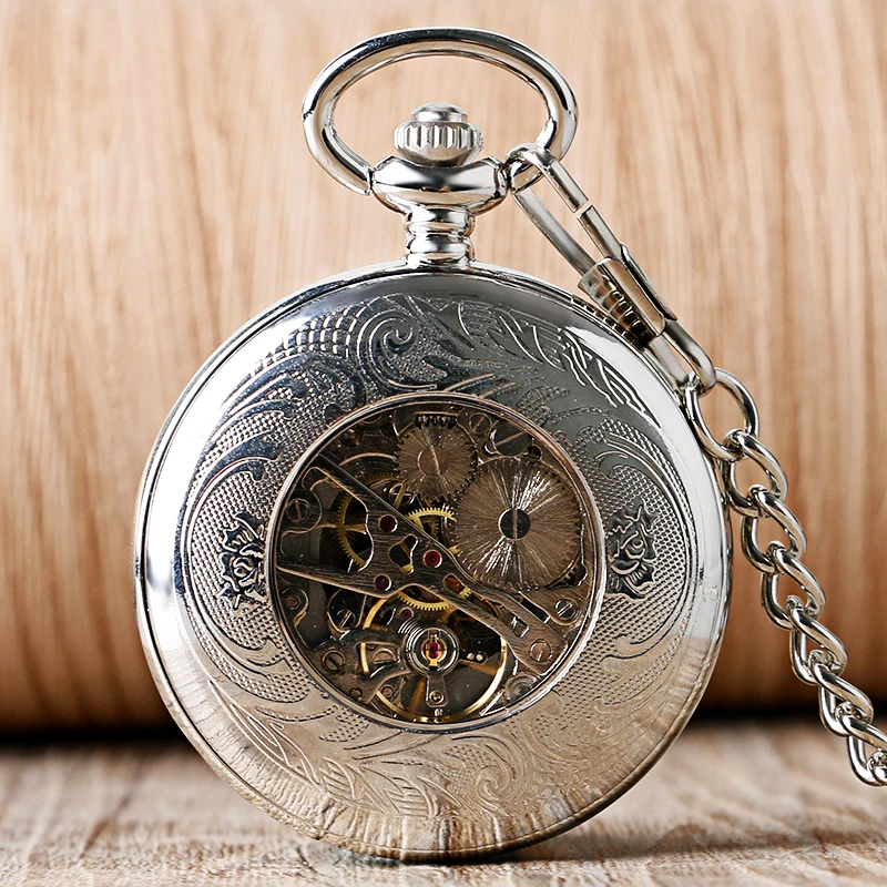 Механические карманные часы скелетоны в стиле стимпанк ретро серебро с цепью для