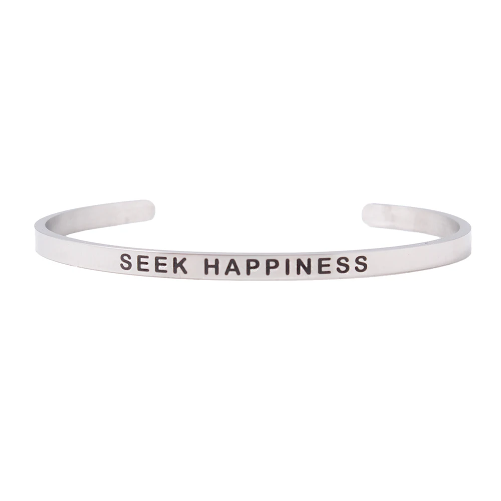 

2019 new 4MM stainless steel Bangle bracelet lettering SEEK HAPPINESS positive inspirational Mantra bracelet women's best gift