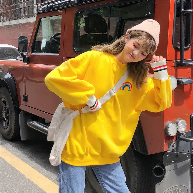 Korean version of the solid color rainbow print sweater Harajuku loose long section plus cotton thick quality fashion sweater
Korean version of the solid color rainbow print sweater Harajuku loose long section plus cotton thick quality fashion sweater