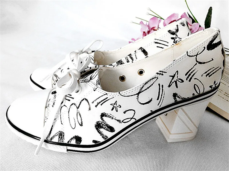 New Women Pumps Shoes Brand Designer Classic Casual Women Print 6CM8CM High-Heeled Shoes Lace-Up High Top Lady Shoes High Heels (10)