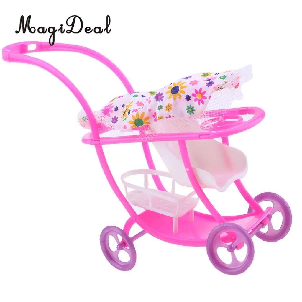 Lovely Plastic Mini Baby Doll Stroller Push Car Dolls Trolley Dollhouse Bedroom Decor Life Scenes Kids Toy