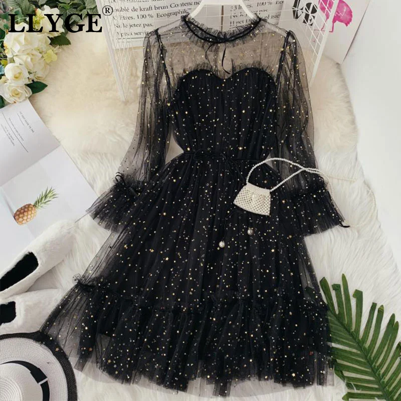 Dot Sequins Flare Sleeve Women Lace Dress Mesh High Waist O-neck Sweet Girl Princess Dresses 2019 Summer Elegant Female Vestido 
Dot Sequins Flare Sleeve Women Lace Dress Mesh High Waist O-neck Sweet Girl Princess Dresses 2019 Summer Elegant Female Vestido