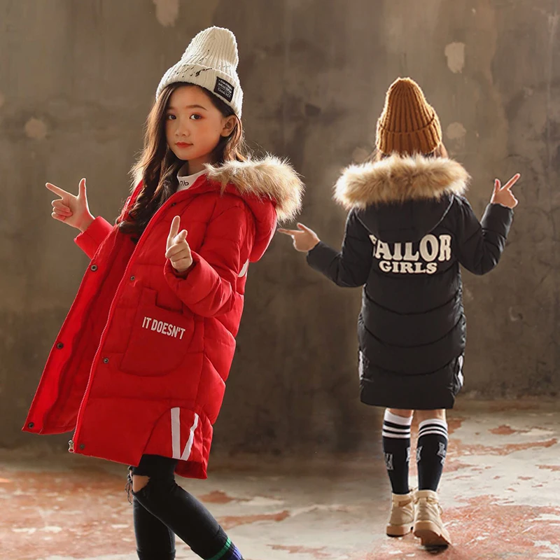 

Russian winter 5-13 years Girls Winter coat Kids Outwear hooded Long Down warmth Fur collar split hem letter Personality pocket