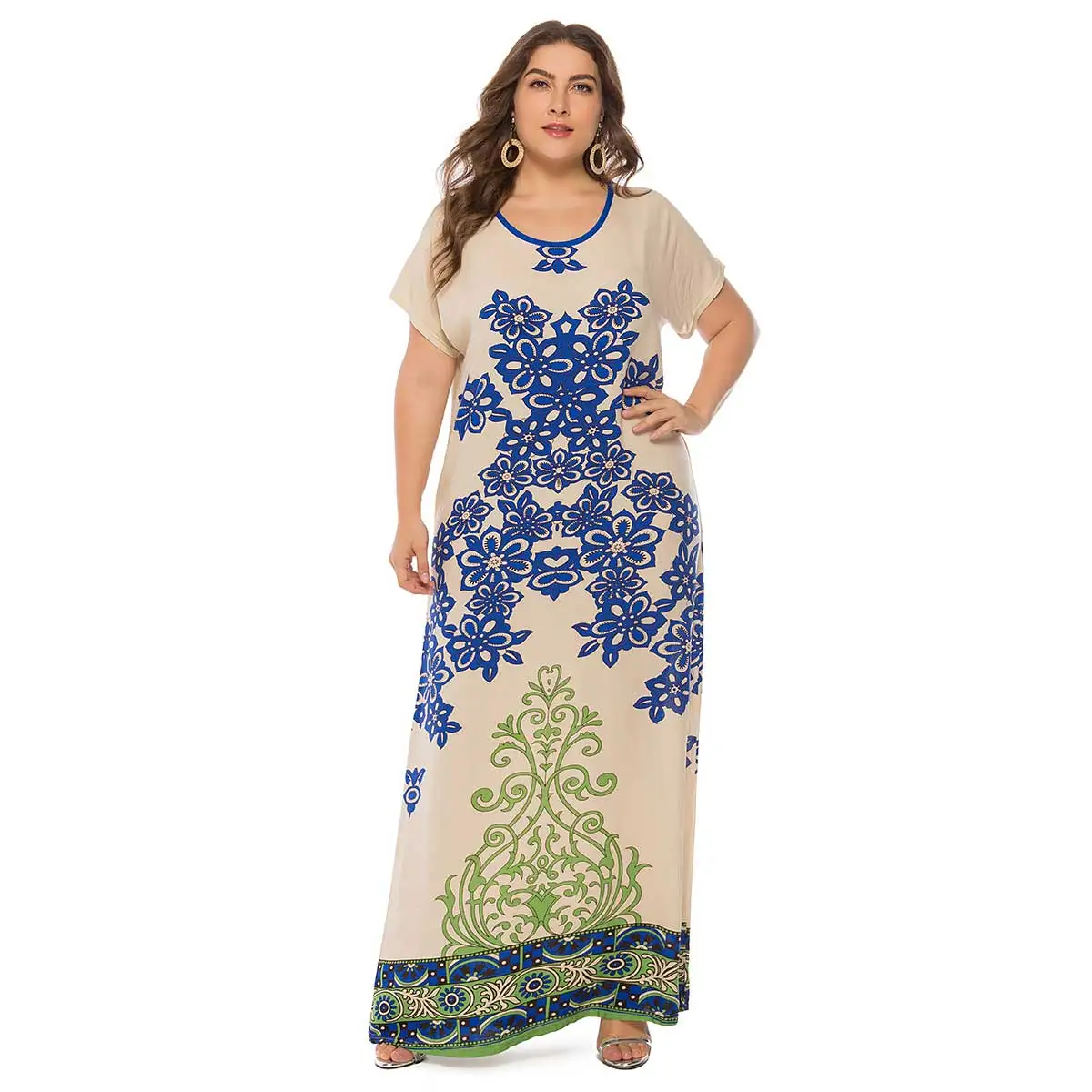 Women Muslim Abaya Maxi Dress Summer Floral Print Loose Bohemian Short Sleeve Kaftan Arab Dressing Gown Jubah Islamic Clothing |