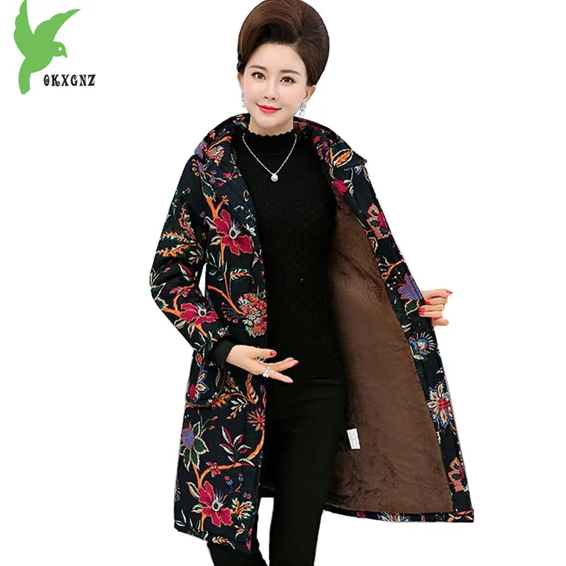 

Plus size 6XL Middle-aged Women Winter Printed Cotton Jacket Coat Flocking Warm Hooded Parkas Thicker Cotton OuterwearOKXGNZ1578