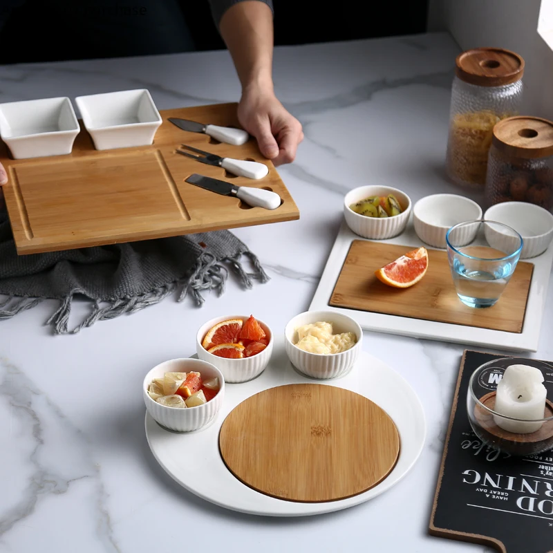 

Ceramic Salad Plate Nordic Style Breakfast Platter Bamboo and Wood Platter Hotel Restaurant Fruit Dessert Snack Plate