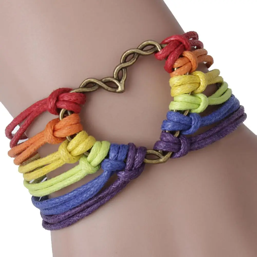 Фото Многослойный Радужный веревочный браслет с подвеской в форме сердца для геев