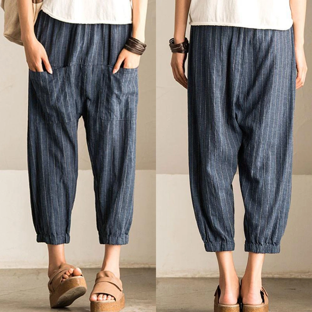 2018 Oversized Trousers Women Loose Elastic Waist Pockets Ankle Length Harem Pants Vintage Cotton Linen Striped Turnip Pantalon
2018 Oversized Trousers Women Loose Elastic Waist Pockets Ankle Length Harem Pants Vintage Cotton Linen Striped Turnip Pantalon