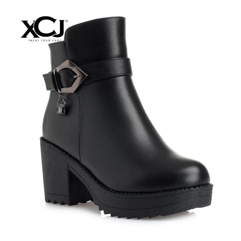 Women Genuine Leather Women Winter Shoes Natural Wool Boots Plush Ankle Boots Brand Women Shoes Platform High Quality XCJ