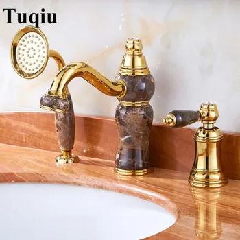 Bathtub Faucet Brass Gold Deck Bathroom Sink Faucet Set 3 PCS Jade and Brass Hand held Shower Washroom Basin Mixer Tap
Bathtub Faucet Brass Gold Deck Bathroom Sink Faucet Set 3 PCS Jade and Brass Hand held Shower Washroom Basin Mixer Tap
