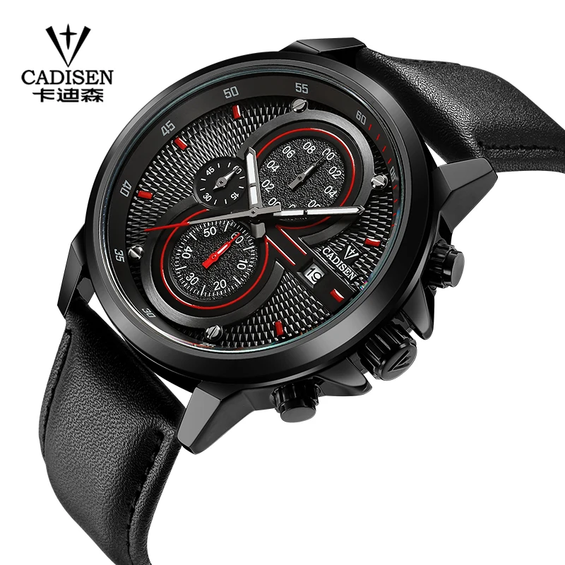 

CADISEN Man Quartz Wristwatches Black Alloy Case Watch Auto date Chronograph watches Man Geniune Leather 6 Analog watch 3 Dial