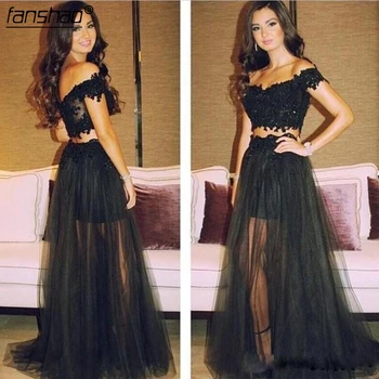 Two Piece Prom Dress Off The Shoulder V-neck Illusion Black Lace Appliqeued Prom Dresses Cusom Made
Two Piece Prom Dress Off The Shoulder V-neck Illusion Black Lace Appliqeued Prom Dresses Cusom Made