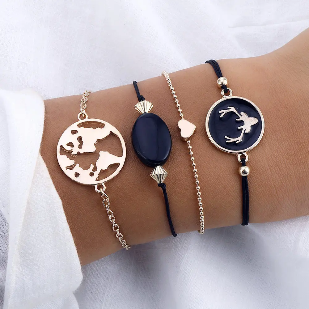 Deer head black beaded stone bracelet love round chain four-piece set of new style European and American retro style
Deer head black beaded stone bracelet love round chain four-piece set of new style European and American retro style