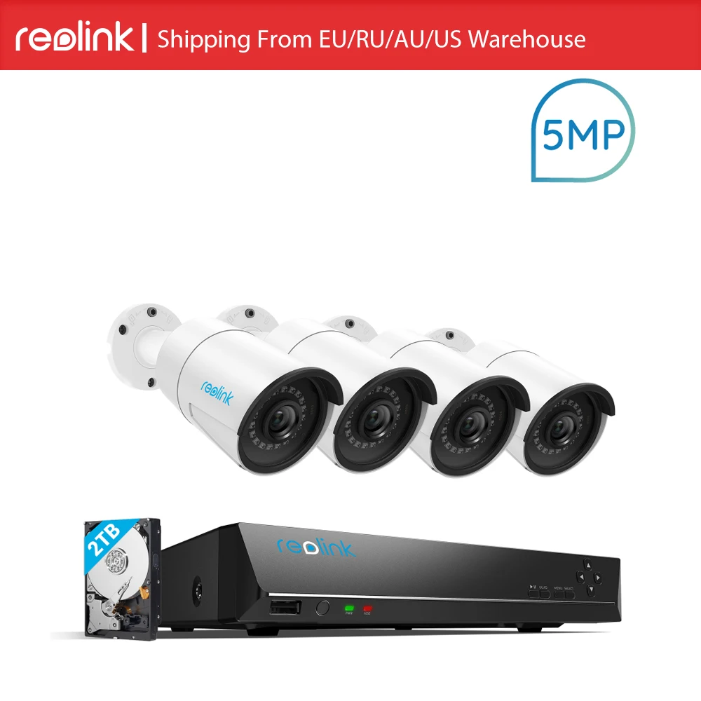 

Reolink RLK8-410B4 4MP/5MP Camera System 8ch PoE NVR&4 PoE IP Cameras Bullet Outdoor HD Video Surveillance Kit Built-in 2TB HDD