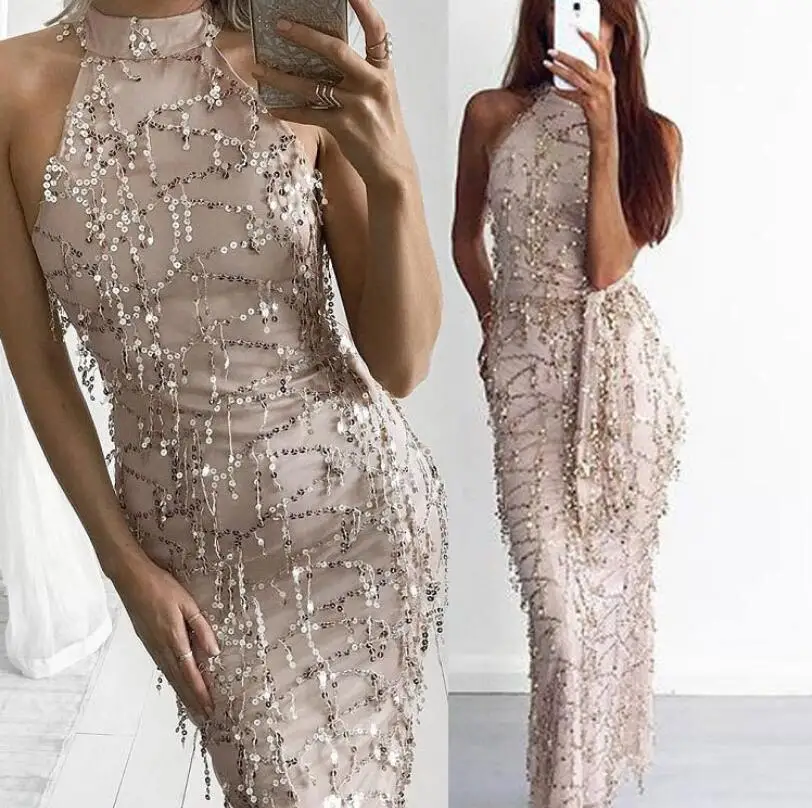 Sexy High Neck Summer Dress Sleeveless Novelty Women's Fashion Sequins Dress Elegant Evening Long Dress Vestidos De Fiesta
Sexy High Neck Summer Dress Sleeveless Novelty Women's Fashion Sequins Dress Elegant Evening Long Dress Vestidos De Fiesta