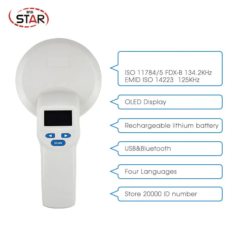 134.2khz iso Fdx-b Rfid chip animal Handheld reader OLED display pet microchip scanner with four Operation languages
134.2khz iso Fdx-b Rfid chip animal Handheld reader OLED display pet microchip scanner with four Operation languages