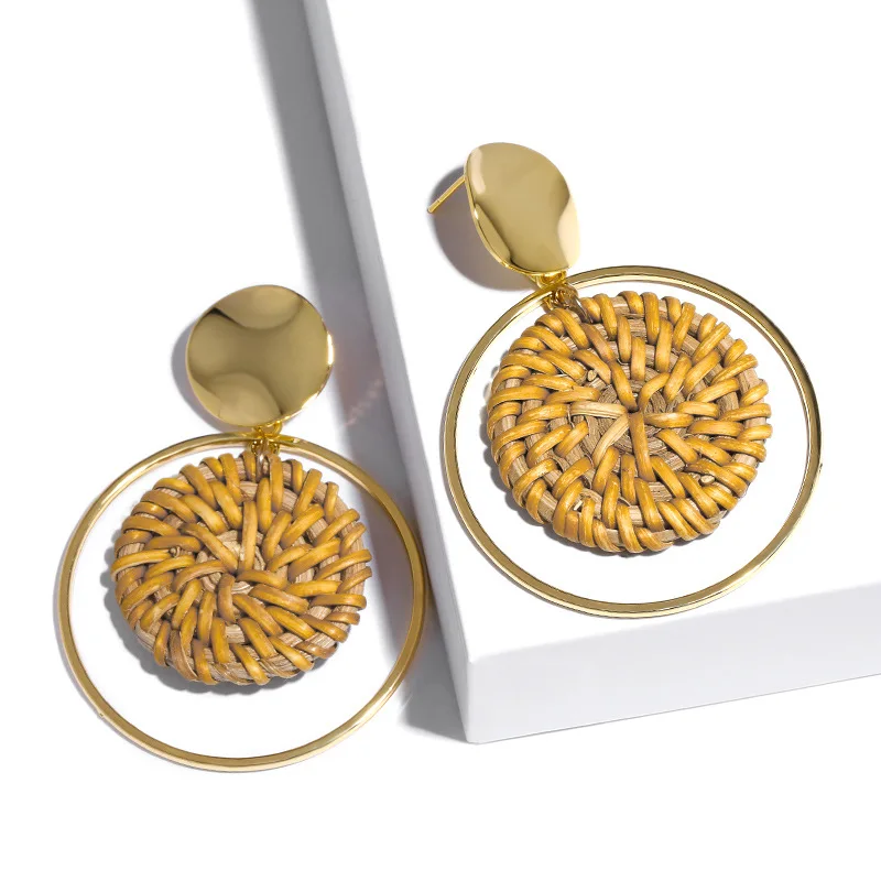Korea Handmade Wooden Straw Weave Rattan Earring for Women Gold Metal Simple Geometric Hollow Big Round Circle Dangle Earring
Korea Handmade Wooden Straw Weave Rattan Earring for Women Gold Metal Simple Geometric Hollow Big Round Circle Dangle Earring