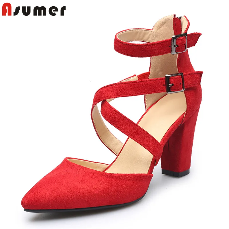 Image Asumer large size 34 43 Faux Suede women pumps high quality 9cm high heels bridal wedding shoes woman red black beige color