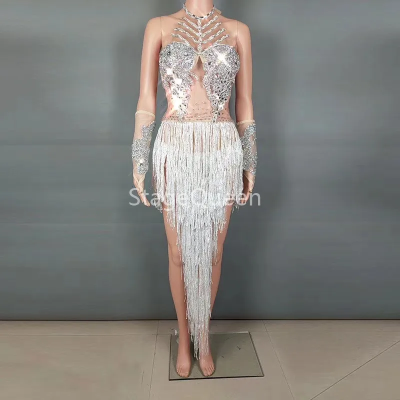 Women Sparkly Silver Crystals Fringes Dance Costume Rhinestones Gloves Tassel Bodysuit Party Stage Wear Dance Costume Bodysuit
Women Sparkly Silver Crystals Fringes Dance Costume Rhinestones Gloves Tassel Bodysuit Party Stage Wear Dance Costume Bodysuit