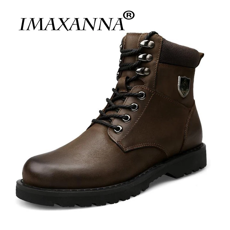 IMAXANNA Army Boots Genuine Leather Men Ankle Boots High Military Combat Boots Metal Buckle Punk Motorcycle Boots Lace Up Shoes