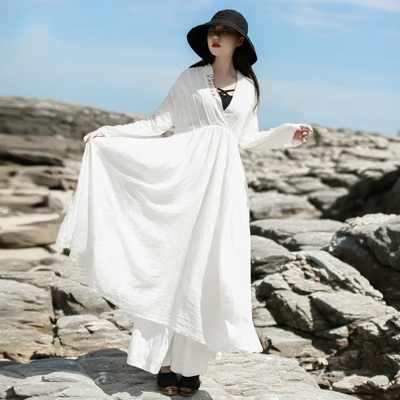 Фото Женское винтажное платье Johnature свободное однотонное с длинным рукавом и