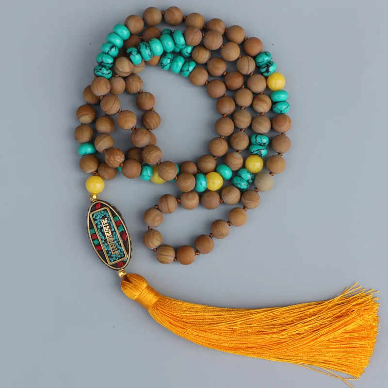 

EDOTHALIA Matte Wood Stripe Stone Beads Necklaces For Women Men Religious Payer 108 Beads Tassels Nepal Pendant Necklace Jewelry