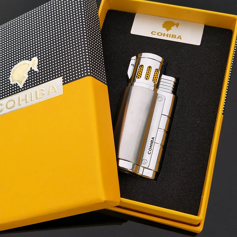 COHIBA Metal 3 Jet Flame Torch Windproof Lighter Cigarette Cigar Lighter Refillable Gas Lighter, with Cigar Puncher
COHIBA Metal 3 Jet Flame Torch Windproof Lighter Cigarette Cigar Lighter Refillable Gas Lighter, with Cigar Puncher