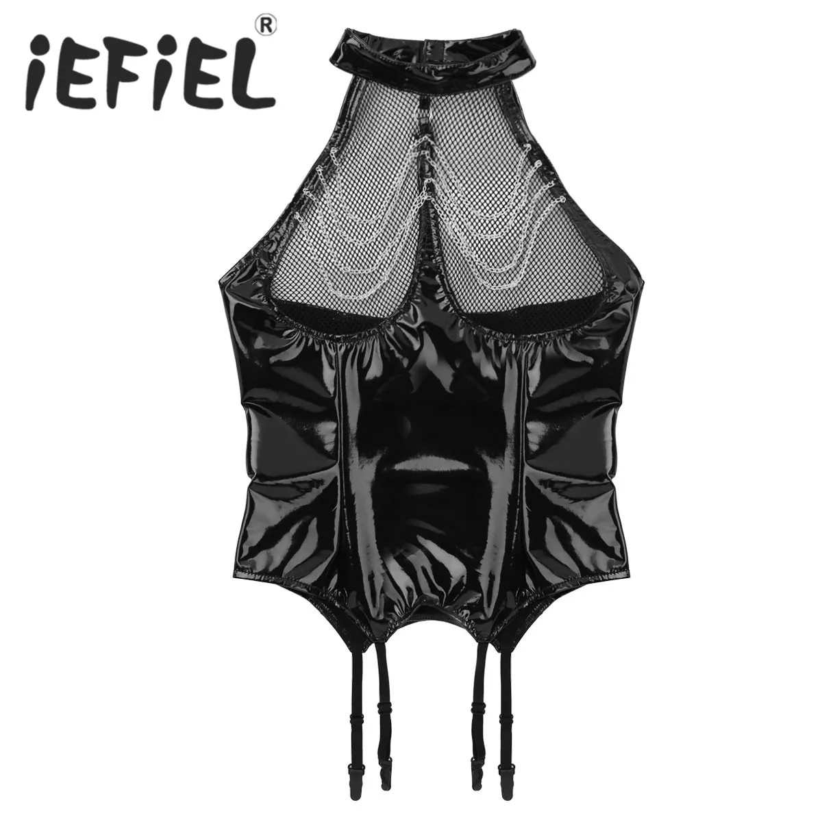 Sexy Womens Wet Look Patent Leather Halter Neck Backless Fishnet Bust Bustier Corset Top with Suspenders for Nightwear Costumes
Sexy Womens Wet Look Patent Leather Halter Neck Backless Fishnet Bust Bustier Corset Top with Suspenders for Nightwear Costumes