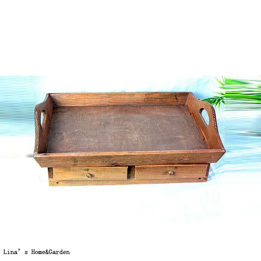 antique vintage solid rectangular wooden tray with 2 drawers