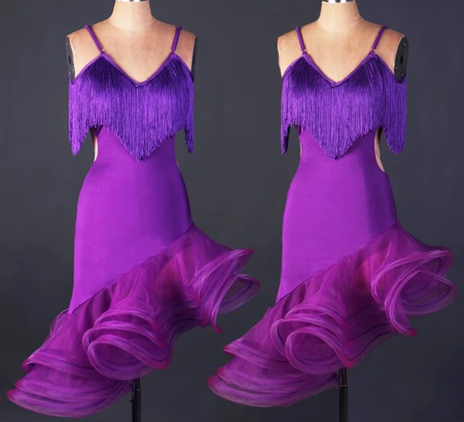 purple tassel spiral Paso Double jive Rumba cha salsa Latin dance dress competition wear S-XXXL | Тематическая одежда и