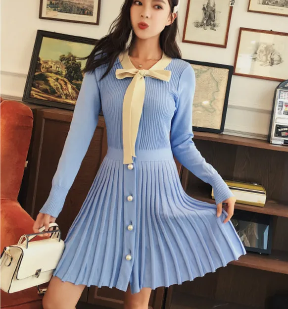 2018 Winter Long Sleeve Bow Tie Collar Sweater Dressses Women Sweet A-line Pleated Dresses Lady Bow Tie Pleated Knitted Dress
2018 Winter Long Sleeve Bow Tie Collar Sweater Dressses Women Sweet A-line Pleated Dresses Lady Bow Tie Pleated Knitted Dress