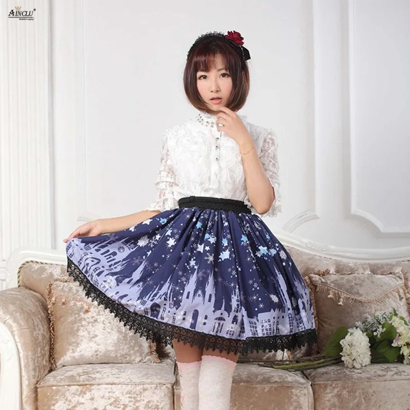 

Ainclu Customize Cosplay Lolita Skirts Deep Blue Polyester Church Pattern Printed Princess Puff Lace Skirts Womens XS-XXL