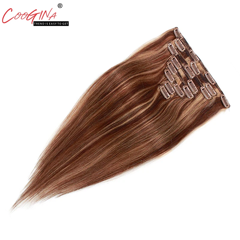 Coogina Women Remy Hair 8Pcs Set Clips In 100% Human Extensions Full Head Straight Natural 100-120g 16-28inch | Шиньоны и парики