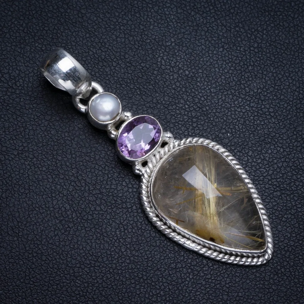 Natural Golden Rutilated Quartz,Amethyst and River Pearl Boho 925 Sterling Silver Pendant 2" T1084
Natural Golden Rutilated Quartz,Amethyst and River Pearl Boho 925 Sterling Silver Pendant 2" T1084