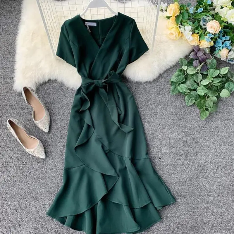 Ruffles Short Sleeve Women Wrap Mermaid Dress Green High Waist Elegant Womens Party Dresses 2019 Spring Summer Vestidos Female
Ruffles Short Sleeve Women Wrap Mermaid Dress Green High Waist Elegant Womens Party Dresses 2019 Spring Summer Vestidos Female