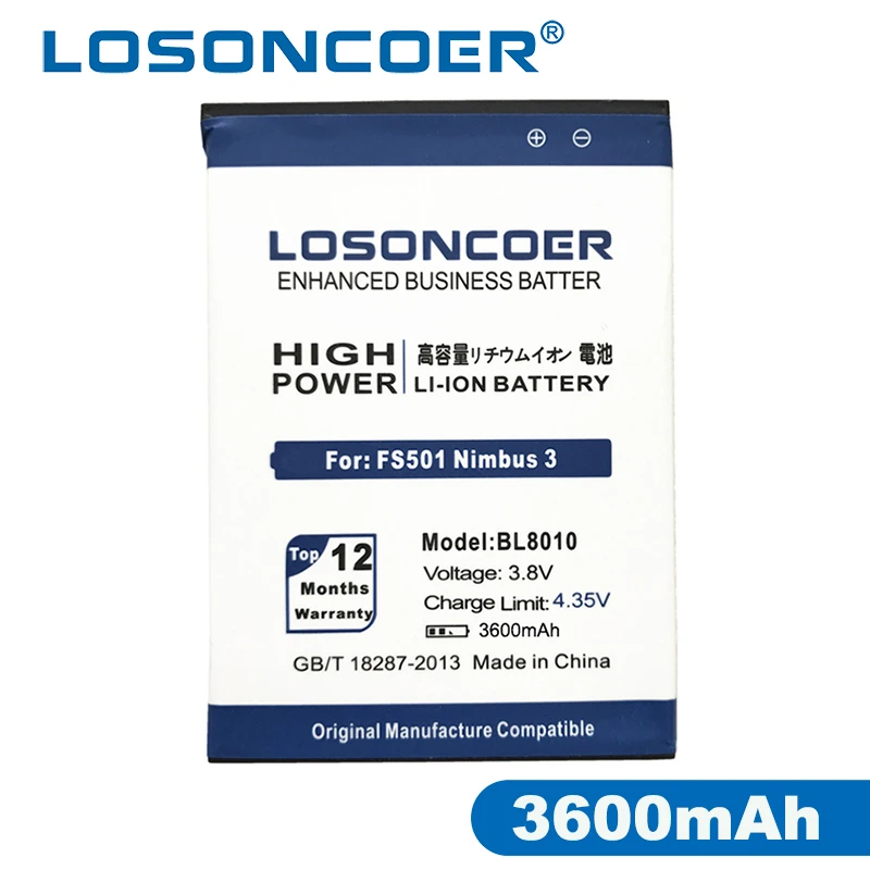 LOSONCOER 3600mAh High Quality Accumulator BL8010 battery For fly FS501 Nimbus 3 BL 8010 Lithium-ion polymer battery in stock
LOSONCOER 3600mAh High Quality Accumulator BL8010 battery For fly FS501 Nimbus 3 BL 8010 Lithium-ion polymer battery in stock