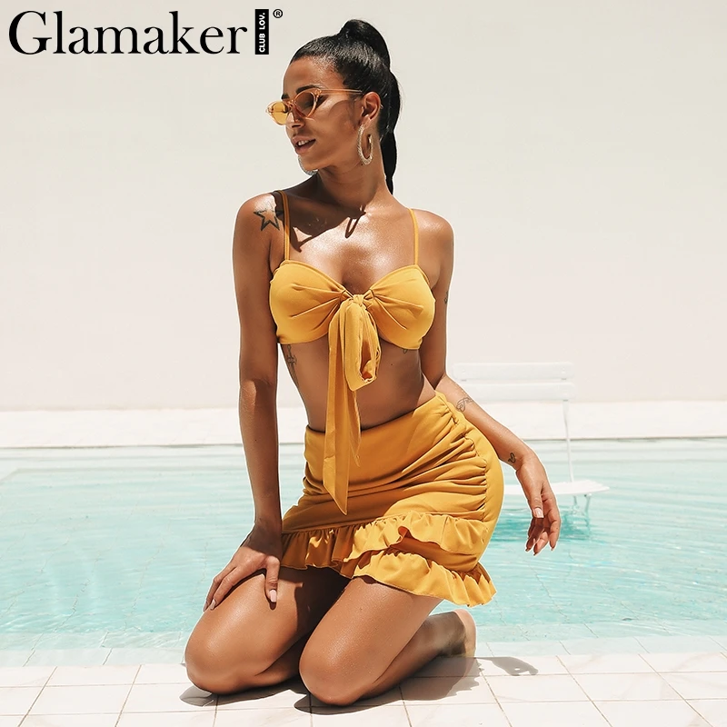 Glamaker Ruffle halter women dress vestidos Sexy v neck party mini summer dress 2018 Bow tie bodycon female two-piece suit dress
Glamaker Ruffle halter women dress vestidos Sexy v neck party mini summer dress 2018 Bow tie bodycon female two-piece suit dress